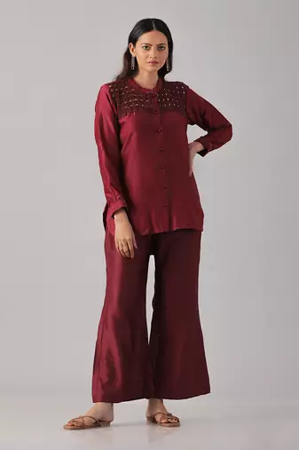 Wine embroidered shirt  with pants