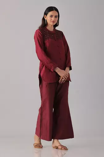 Wine embroidered shirt  with pants