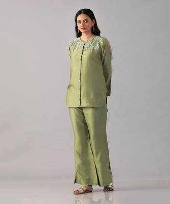 Green embroidered shirt  with pants 2