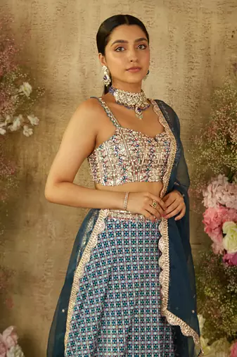 Turkish Blue Printed Lehenga Set