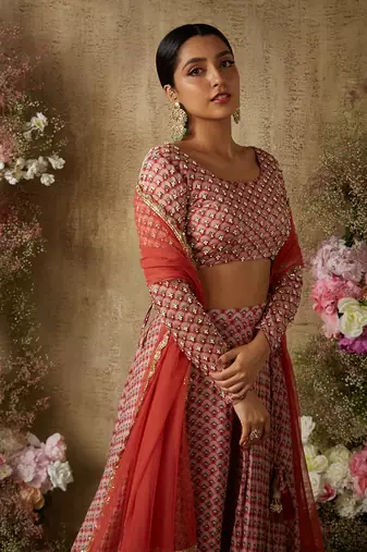 Rust Red Printed Lehenga Set
