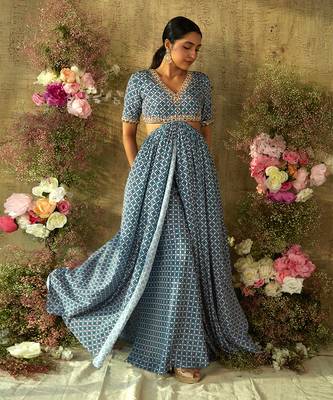 Turkish blue center slit dress set 1