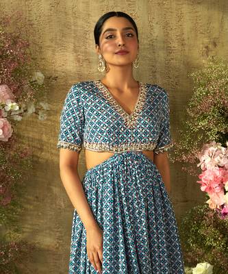 Turkish blue center slit dress set 2