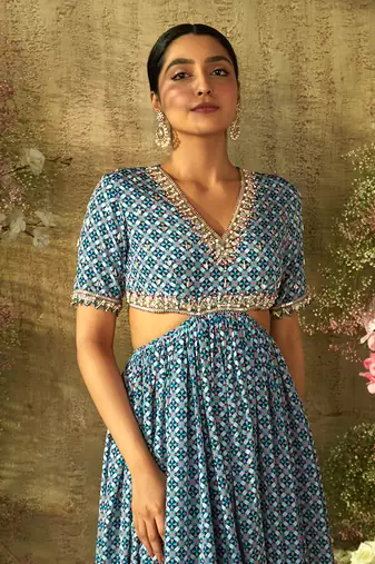 Turkish blue center slit dress set