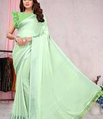 Pista Green Chiffon Solid Satin Woven Border /Tassels Saree With Unstitched Blouse Piece
