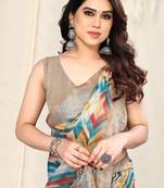 Cream Chiffon Shibori Print / Block Print Zari Line Border Saree With Unstitched Blouse Piece