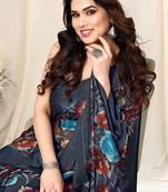 Black Chiffon Floral Print Saree With Unstitched Blouse Piece