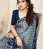 Grey chiffon ikkat print / kalamkari print  saree with unstitched blouse piece