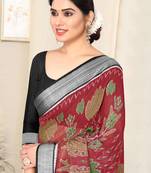 Red Cotton Peacock Print / Block Print / Herringbone Silver Zari Border Saree With Unstitched Blouse Piece