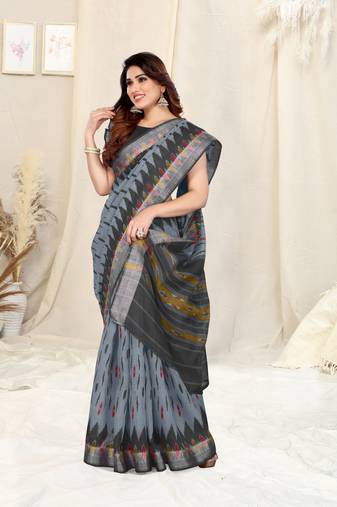 Grey Cotton Ikkat Print Silver Zari Border Saree With Unstitched Blouse Piece