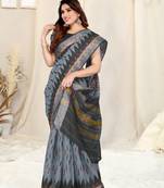 Grey Cotton Ikkat Print Silver Zari Border Saree With Unstitched Blouse Piece