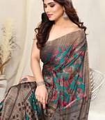 Teal Chiffon Leaf Print /Floral Ikkat Print  Saree With Unstitched Blouse Piece