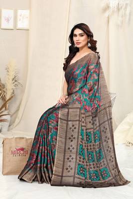 Teal Chiffon Leaf Print /Floral Ikkat Print  Saree With Unstitched Blouse Piece 2