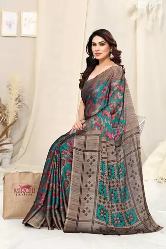 Teal Chiffon Leaf Print /Floral Ikkat Print  Saree With Unstitched Blouse Piece