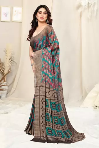 Teal Chiffon Leaf Print /Floral Ikkat Print  Saree With Unstitched Blouse Piece