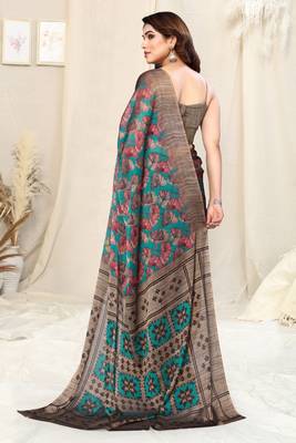 Teal Chiffon Leaf Print /Floral Ikkat Print  Saree With Unstitched Blouse Piece 4