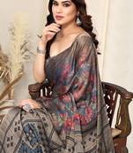 Grey Chiffon Leaf Print /Floral Ikkat Print  Saree With Unstitched Blouse Piece