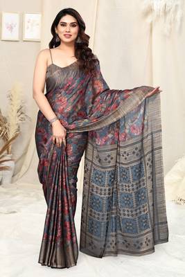 Grey Chiffon Leaf Print /Floral Ikkat Print  Saree With Unstitched Blouse Piece 2