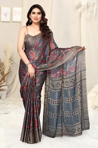 Grey Chiffon Leaf Print /Floral Ikkat Print  Saree With Unstitched Blouse Piece
