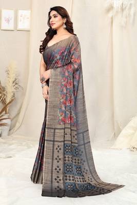 Grey Chiffon Leaf Print /Floral Ikkat Print  Saree With Unstitched Blouse Piece 3