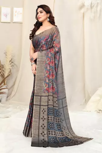 Grey Chiffon Leaf Print /Floral Ikkat Print  Saree With Unstitched Blouse Piece