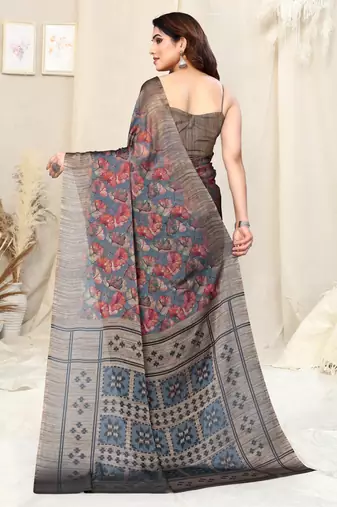 Grey Chiffon Leaf Print /Floral Ikkat Print  Saree With Unstitched Blouse Piece