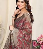 Maroon Chiffon Leaf Print /Floral / Ikkat Print  Saree With Unstitched Blouse Piece