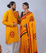 Matching Combo Couple Outfit With Yellow Saree And Mens Kurta
