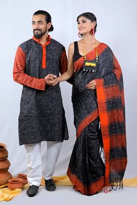 Matching Combo Couple Outfit With Multicolor Saree And Mens Kurta 2