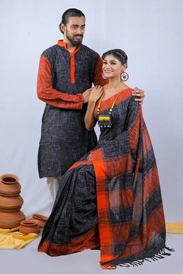 Matching Combo Couple Outfit With Multicolor Saree And Mens Kurta 1