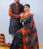 Matching Combo Couple Outfit With Multicolor Saree And Mens Kurta