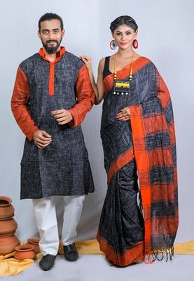 Matching Combo Couple Outfit With Multicolor Saree And Mens Kurta 3