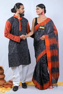 Matching Combo Couple Outfit With Multicolor Saree And Mens Kurta 4
