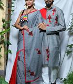 Matching Combo Couple Outfit With Grey Saree And Mens Kurta