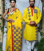 Matching Combo Couple Outfit With Yellow Saree And Mens Kurta