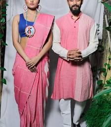 Matching Combo Couple Outfit With Pink Saree And Mens Kurta
