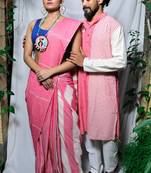 Matching Combo Couple Outfit With Pink Saree And Mens Kurta