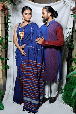 Matching Combo Couple Outfit With Blue Saree And Mens Kurta 1