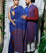 Matching Combo Couple Outfit With Blue Saree And Mens Kurta
