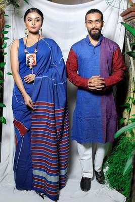 Matching Combo Couple Outfit With Blue Saree And Mens Kurta 2
