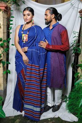 Matching Combo Couple Outfit With Blue Saree And Mens Kurta 3