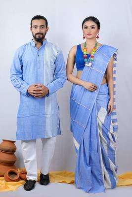 Matching Combo Couple Outfit With Blue Saree And Mens Kurta 1