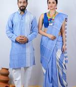 Matching Combo Couple Outfit With Blue Saree And Mens Kurta