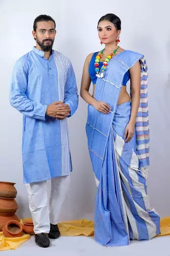 Matching Combo Couple Outfit With Blue Saree And Mens Kurta