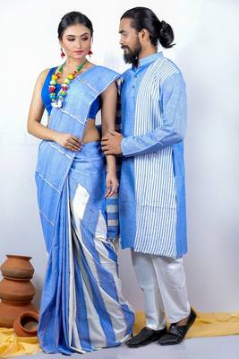 Matching Combo Couple Outfit With Blue Saree And Mens Kurta 3