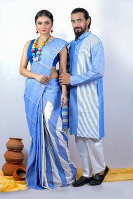 Matching Combo Couple Outfit With Blue Saree And Mens Kurta 4