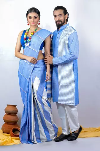 Matching Combo Couple Outfit With Blue Saree And Mens Kurta