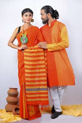Matching Combo Couple Outfit With Orange Saree And Mens Kurta 1