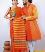Matching Combo Couple Outfit With Orange Saree And Mens Kurta