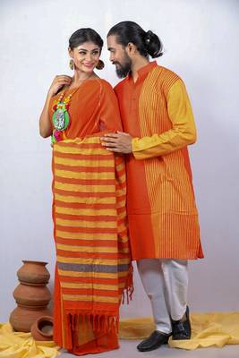 Matching Combo Couple Outfit With Orange Saree And Mens Kurta 2